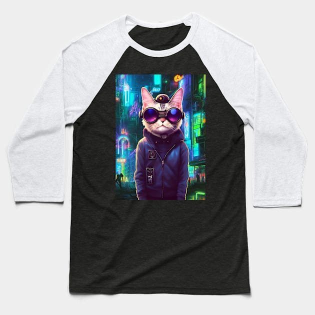 Techno Cat In Japan Neon City Baseball T-Shirt by star trek fanart and more